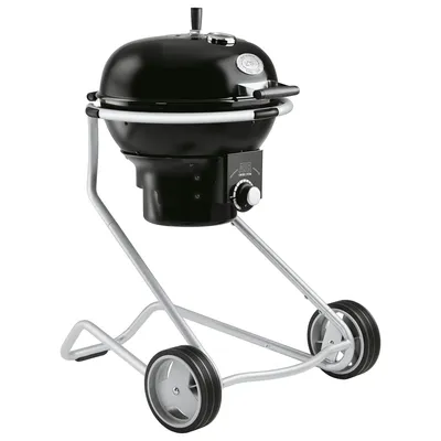 A black Rösle charcoal grill with a silver stand and wheels, shown against a white background.