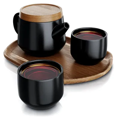 Produktbild von Teekanne Keramik Set - Teeset - Japanische Teekanne mit Teesieb 0,6 Liter - mit Deckel - inkl. 2 Tassen und Tablett - schwarz