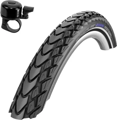 Zdjęcie produktu dla 1 x opona rowerowa Schwalbe Marathon Mondial RaceGuard z ochroną przed przebiciem i odblaskowymi paskami 50-559 (26 x 2,00") z dzwonkiem rowerowym