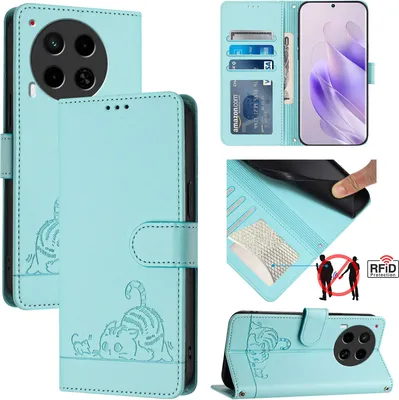 Produktbild von Leder Hülle für Tecno Camon 30 /Camon 30 5G Süße Katze Flip Case Brieftasche Schutzhülle mit Standfunktion hellgrün