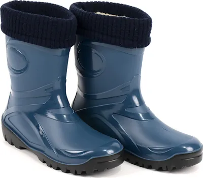 A pair of blue rubber boots with navy blue knitted cuffs, shown against a white background.
