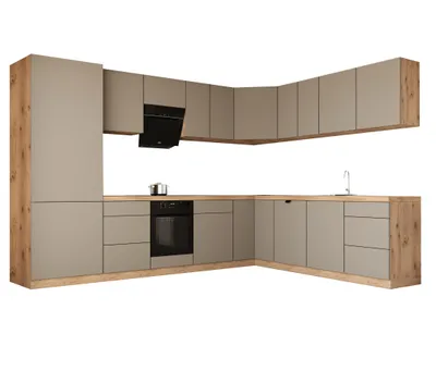 Produktbild von Winkelküche 320 x 260 cm mit Kühlumbauschrank L-Küche Einbauküche Herdumbauschrank Küchenblock Ohne Arbeitsplatte, Langen KL14-M320,Beige/Matt