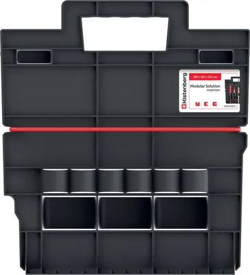 A top-down view of a black plastic tool organizer with red accents.