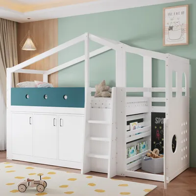 Image de Lit superposé Flieks 90x200 cm avec armoire, lit pour enfant en forme de maison avec tableau, lit superposé avec échelle et sommier à lattes, lit superposé en bois avec espace de jeu, blanc