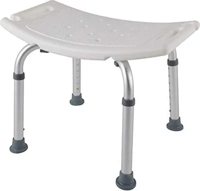 A white shower stool with adjustable legs.