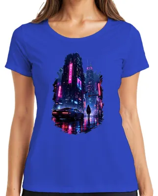 Produktbild von Cyberpunk City Future Neon Auto Regen Nacht Japan Y2K Synthwave Damen T-Shirt, Blau, S