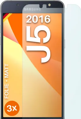 A screen protector for a Samsung Galaxy J5 (2016) phone is shown, with the phone model and brand prominently displayed.