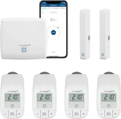 Produktbild von Homematic IP Heizungssteuerung Basic zur Einzelraumregelung mit App. Inhalt: Access Point, 4 Heizkörperthermostate Basic, 2 Tür-Fensterkontakte. Kompatibel mit Alexa und Google Home.