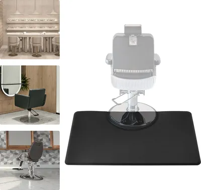 A black salon floor mat with a barber chair base superimposed on it.
