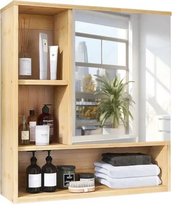Image de Armoire à pharmacie avec miroir - Bambou - Armoire à médicaments - Avec compartiments - Étagère murale - 55,5 x 16 x 61 cm