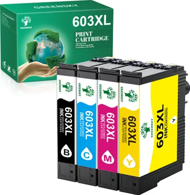 A box of GREENSKY 603XL print cartridges and four ink cartridges.