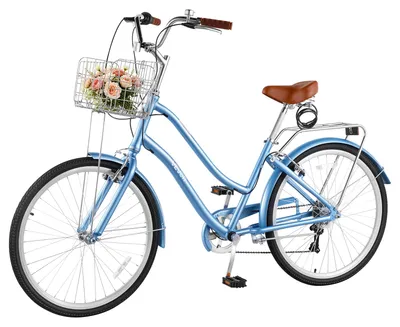 Produktbild von VEVOR Damenfahrrad 26 Zoll Cruiser-Fahrrad 150 kg 7-Gang Citybike Hellblau, für Pendelfahrten Besorgungen und Strandfahrten, mit Korb, Gepäckträger bis 50 kg, Doppel-V-Bremsen und Praktischem Zubehör