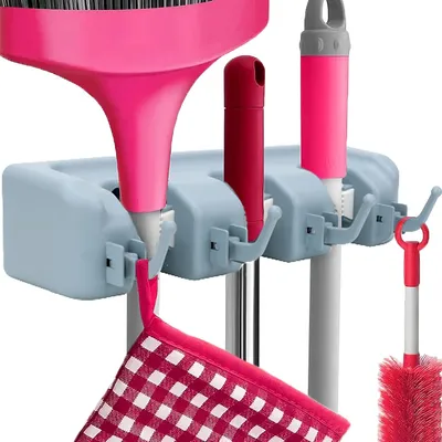Imagen del producto de Soporte de pared con 3 sujetadores y 4 ganchos, organizador de herramientas para montaje en pared, ideal para el hogar y el jardín