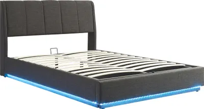 Produktbild von LED Polsterbett 'Tröstiar' mit Bettkasten Leinen 140 x 200 cm Schwarz