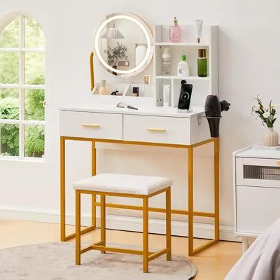 Productafbeelding van Make-up tafel met LED-verlichting, spiegel, lades, haardrogerhaken, 80x40x135 cm, wit