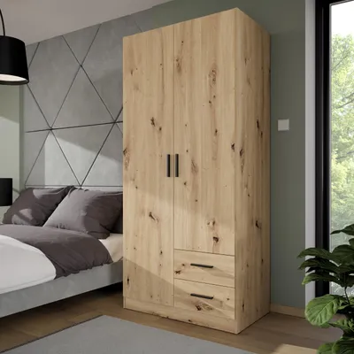 Produktbild von Forte JOAKIM Kleiderschrank 90, Skandi-Stil Schrank, 2-türig, 2 Schubladen, Einlegeböden, Kleiderstange, Holzwerkstoff, Artisan Eiche Holzdekor, 90,8 cm breit x 197 cm hoch x 54 cm tief