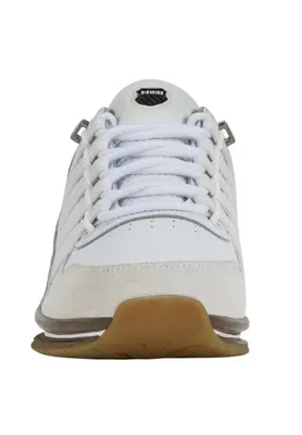 A front view of a white K-Swiss sneaker against a white background.