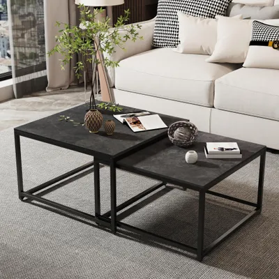 Image de FATIVO Table Basse Effet Marbre Noir, Lot de 2 Tables d’Appoint Modernes Carrées pour Salon, Grande 65×65×40 cm Petite 60×60×34 cm