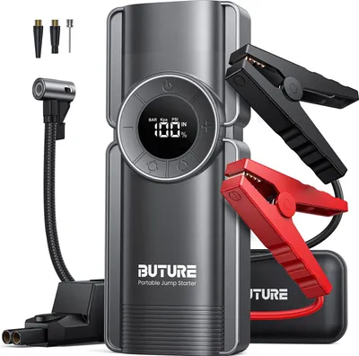 Powerbank samochodowy BuTure ze sprężarką powietrza, power bank o prądzie szczytowym 150PSI 2500A do silników benzynowych 8,5 l i wysokoprężnych 8,0 l