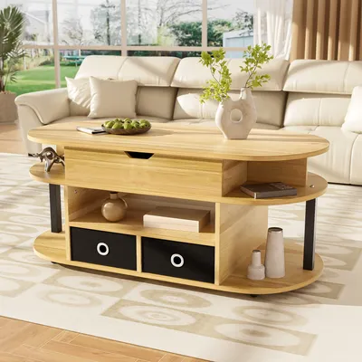 Produktbild von STILVORA Couchtisch Beistelltisch mit Hebefunktion, Sofatisch aus Holzmaserung,Sideboard mit schwarzen Stoffschubladen,Holzfarbe