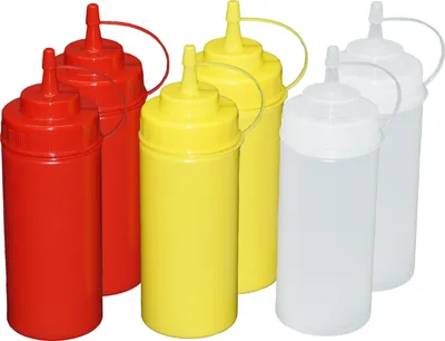 Produktbild von Je 2 Stück rot, gelb, transparente Quetschflaschen 0,49 Liter Dosierflasche Spenderflasche Dressingflasche