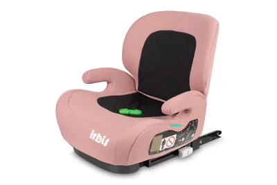 A pink child car seat with black accents, shown from a slightly elevated side angle against a white background.