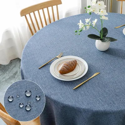 Obrázok produktu pre Okrúhla obrus, priemer 140 cm, modrá, vzhľad ľanu, polyester, vodeodolná, odolná voči poškriabaniu