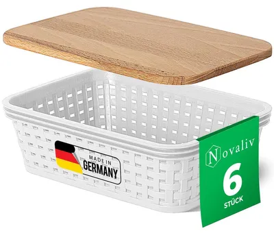 Produktbild von Novaliv 6er Set Aufbewahrungsboxen mit Holzdeckel Mini 1L Korb Weiß in Rattan Design Lebensmittelecht Aufbewahrungskorb Stapelboxen Nestbar Kunststoff BPA-frei Kiste Verstaubboxen mit Deckel