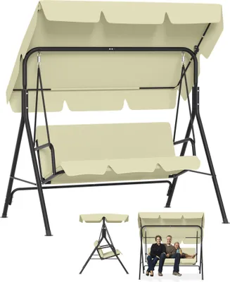 Obrázok produktu pre UISEBRT 3-miestna hollywoodska hojdačka béžová, 175,5x110x152 cm s nastaviteľnou slnečnou strieškou, pohodlnými vankúšmi a protišmykovými nožičkami, do 200 kg, záhradná hojdačka odolná voči poveternostným vplyvom pre záhradu a balkón