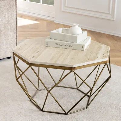 Produktbild von riess-ambiente Handgefertigter Couchtisch DIAMOND 70cm beige Travertin messing Eisen