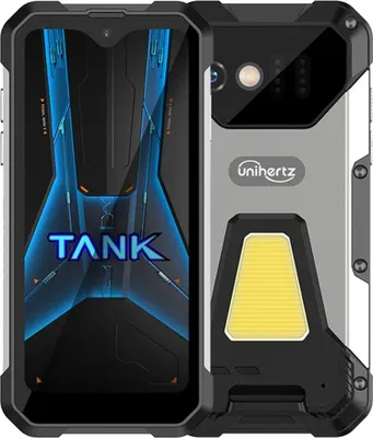 A rugged smartphone with a distinctive design, showing its front and back.