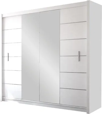 Produktbild von Furniture24 Kleiderschrank LIZBONA II 203 Schlafzimmer 2 Türiger Schwebetürenschrank Schrank mit Kleiderstange 8 Einlegeboden und Spiegel Weiß Schiebetür
