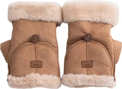 Produktbild von Winterhandschuhe aus Wildleder für Damen, dick gefüttert, fingerlos, mit Fleece-Futter und flauschigen Bündchen, ideal für Outdoor-Aktivitäten wie Radfahren und Wandern.
