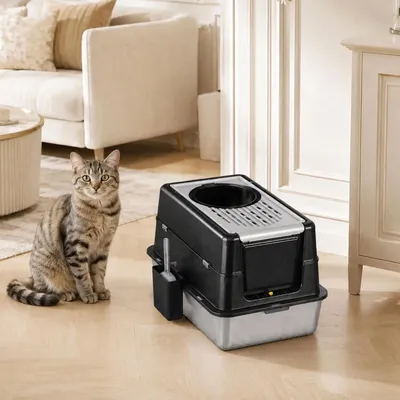 Immagine prodotto di Lettiera per gatti - Acciaio inossidabile - Due cassetti - Coperchio - 60 x 40 x 43,5 cm - Facile da pulire - Nero