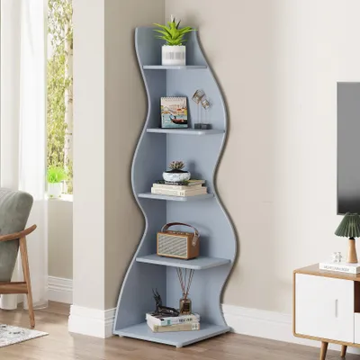 Produktbild von Tribesigns Eckregal, modernes 5-stöckiges Eckbücherregal, stilvolles Lagerregal, 178 cm hoch mit einzigartiger Form für Wohnzimmer,  Office, Blau