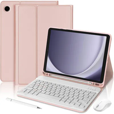 Image de Coque Clavier pour Samsung Galaxy Tab A9 / A11 - CuirPolyuréthaneRose avec Clavier + Souris Sans Fil + Stylet