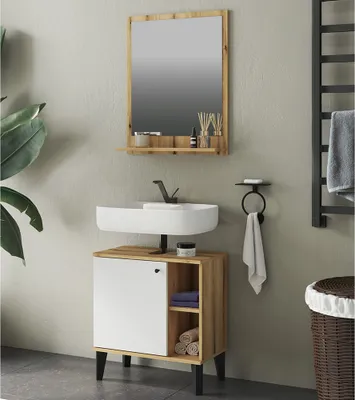 Produktbild von Waschplatz-Set 2-teilig mit Waschbeckenunterschrank 60 cm, Spiegel, in Eiche mit weiß OLEAN-61