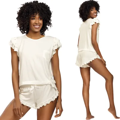 Produktbild von Dkaren LULU Damen Schlafanzug mit Rüschen Kurzarm + Shorts Viskose, Ecru, 2XL
