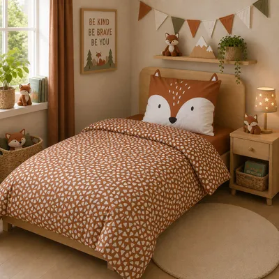 Produktbild von Kinder Bettwäsche Set 135x200 80x80 cm süße Fuchs Bettwäsche mit Ohren, 2 teilig, Renforcé aus 100% Baumwolle mit Reißverschluss