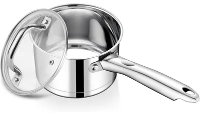 Immagine prodotto di Pentola in acciaio inossidabile, diametro 14 cm, capacità 0,9 litri, adatta per induzione, con fondo a 3 strati e coperchio in vetro, compatibile con tutti i tipi di fornelli