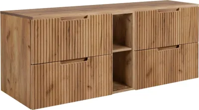 A wooden cabinet with fluted fronts and open shelves.