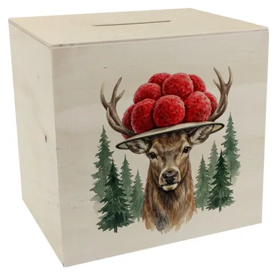 Produktbild von Hirsch mit Bollenhut Spardose aus Holz Schwarzwald Motiv