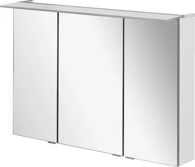 A white bathroom cabinet with mirrored doors is shown against a white background.