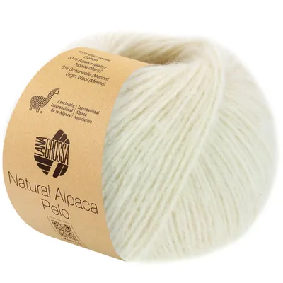 A ball of cream-colored yarn with a brown paper label wrapped around it.