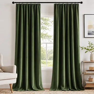 Image de 2 rideaux en velours, occultants, isolants thermique, avec bande de plis, pour salon ou chambre, couleur olive, dimensions 132 x 213 cm