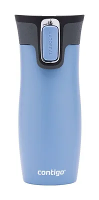A light blue Contigo travel mug with a gray lid and a blue AUTOSEAL button.
