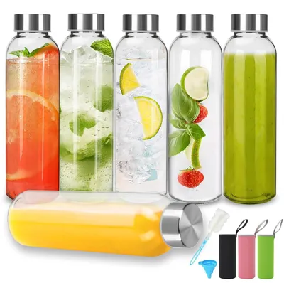 Zdjęcie produktu dla Zestaw 6 szklanych butelek na wodę wielokrotnego użytku, pojemność 500 ml, z zakrętkami