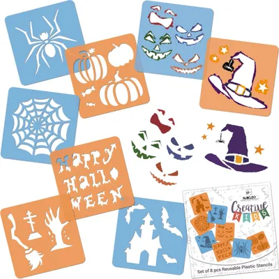 Produktbild von Schablonen Malen für Kinder, 8 Stück Set 15x15 cm Halloween, Kinder Kreatives Zeichenschablonen, Kunststoff Wiederverwendbar Malschablone