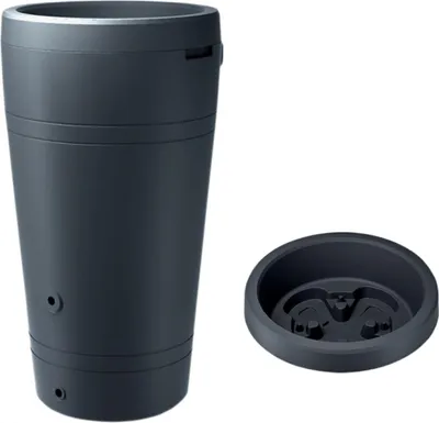 A dark gray rain barrel and its base are shown against a white background.