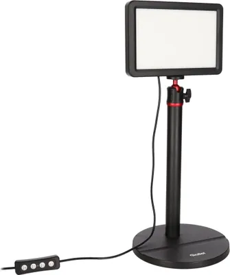 A black LED video light with a white diffuser panel is mounted on a black stand with red accents. A black cable connects the light to a small inline controller with four buttons. The product is set against a plain white background.